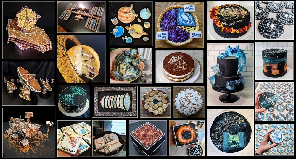 Collage of astronomy-themed cakes and baked goods